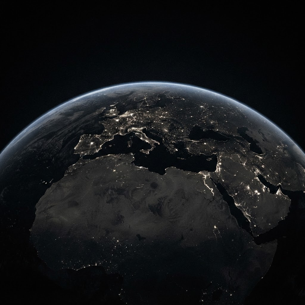 Satellite view of Earth at night, city lights scattered across continents